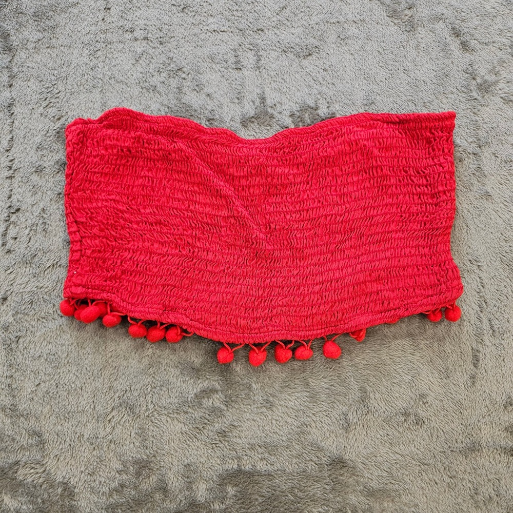 Wild‎ Honey Red Smocked Tube Top Pom Pom Trim Strapless Boho Crop Top Medium